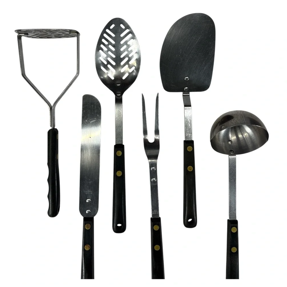 Vintage Bi-Cor Cooking Utensils Stainless Steel USA Black Handle Spatula Spoon